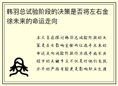 韩羽总试验阶段的决策是否将左右金徐未来的命运走向